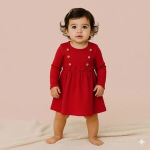 Crimson Red Girls Ribbed Dress Long Sleeve Ruffle Waist Holiday Photo Outfit